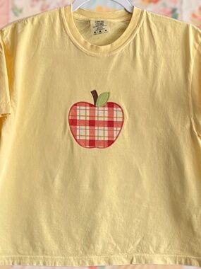 Apple Patchwork Medium Comfort Colors Butter Yellow Embroidered Boxy Tee Shirt